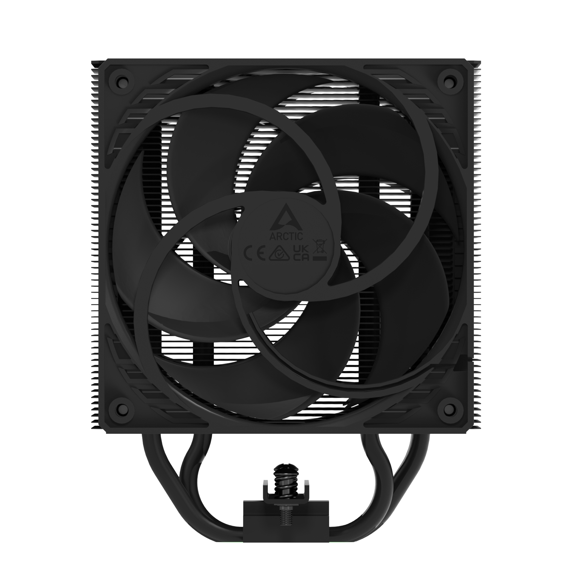 Black CPU cooler with fan and fins on a white background.