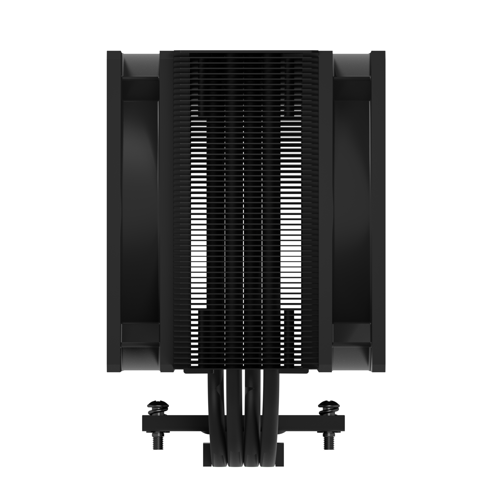 Black CPU cooler with fins and cables, set against a white background.