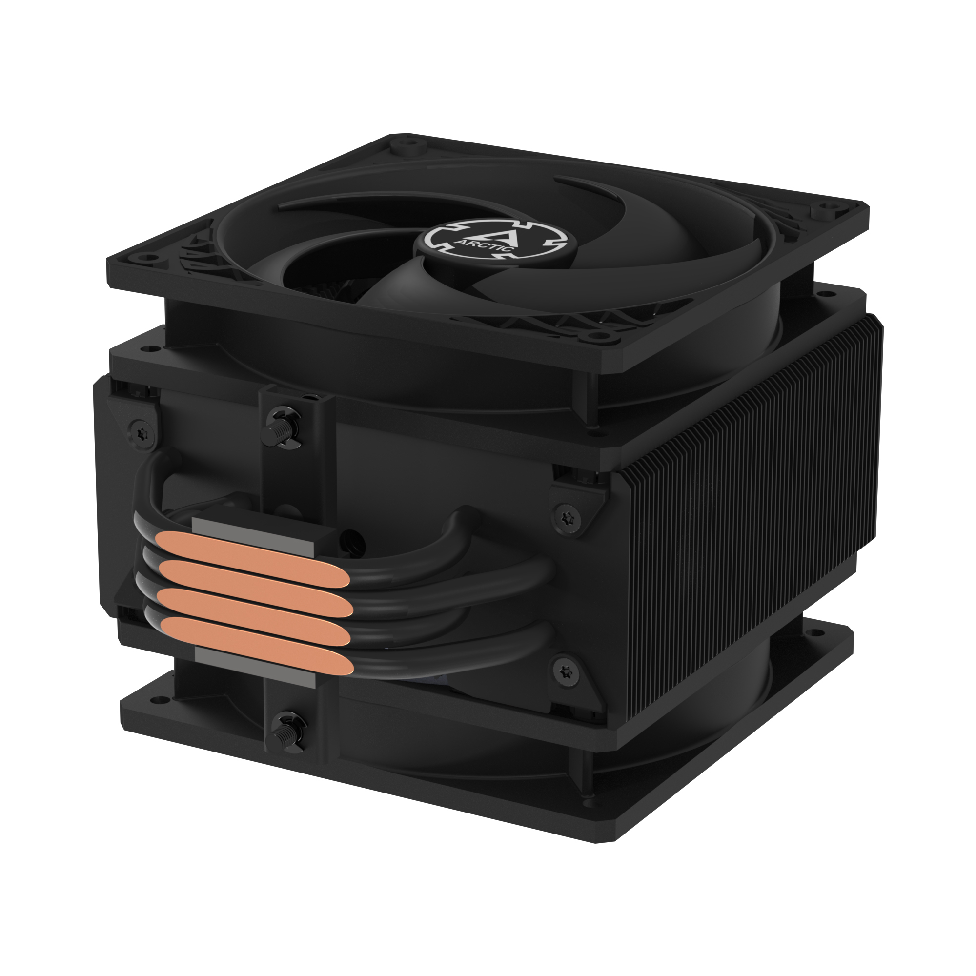 Black CPU cooler with copper heat pipes and fan.