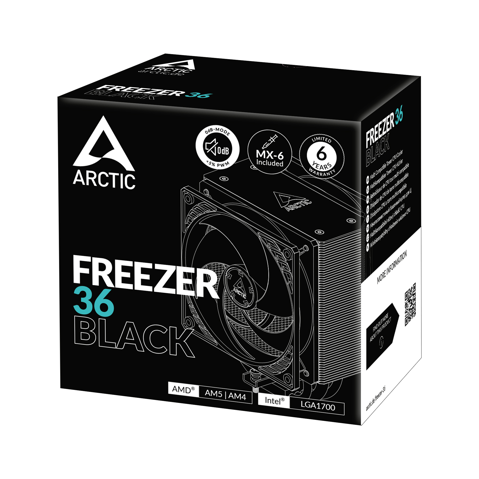 Box of the ARCTIC Freezer 36 Black CPU cooler with fan.