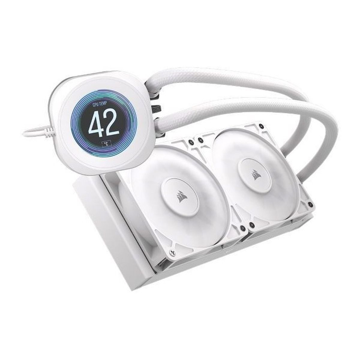 Witte CPU-koeler met twee ventilatoren en digitaal temperatuurdisplay.