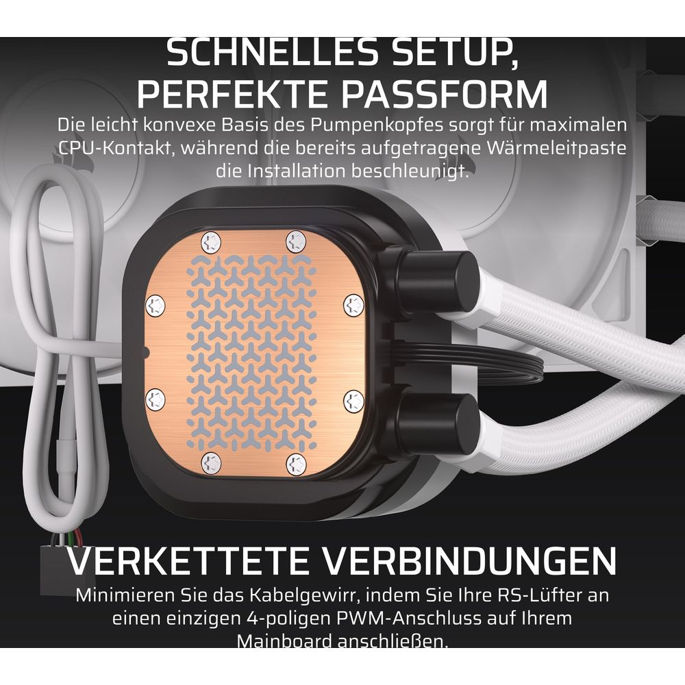 Een CPU-koeler met koperen basis en witte slangen, klaar voor installatie.