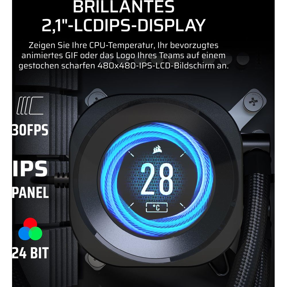 Display LCD IPS da 2,1 pollici che mostra 28°C, 30 FPS, 24 bit.