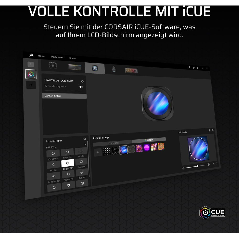 Il software CORSAIR iCUE visualizza le impostazioni dello schermo LCD con varie opzioni multimediali.