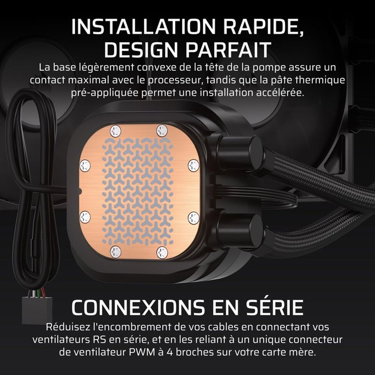 Un dissipatore CPU nero con piastra di base color rame e motivo.