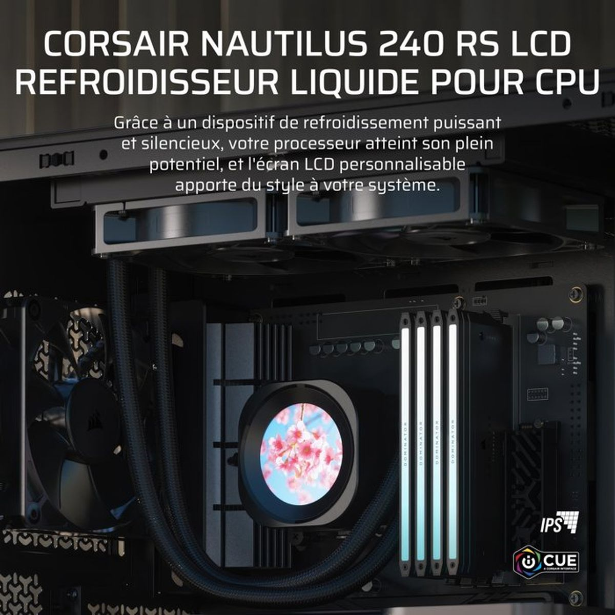 Raffreddatore liquido CPU Corsair con schermo LCD che mostra fiori di ciliegio.