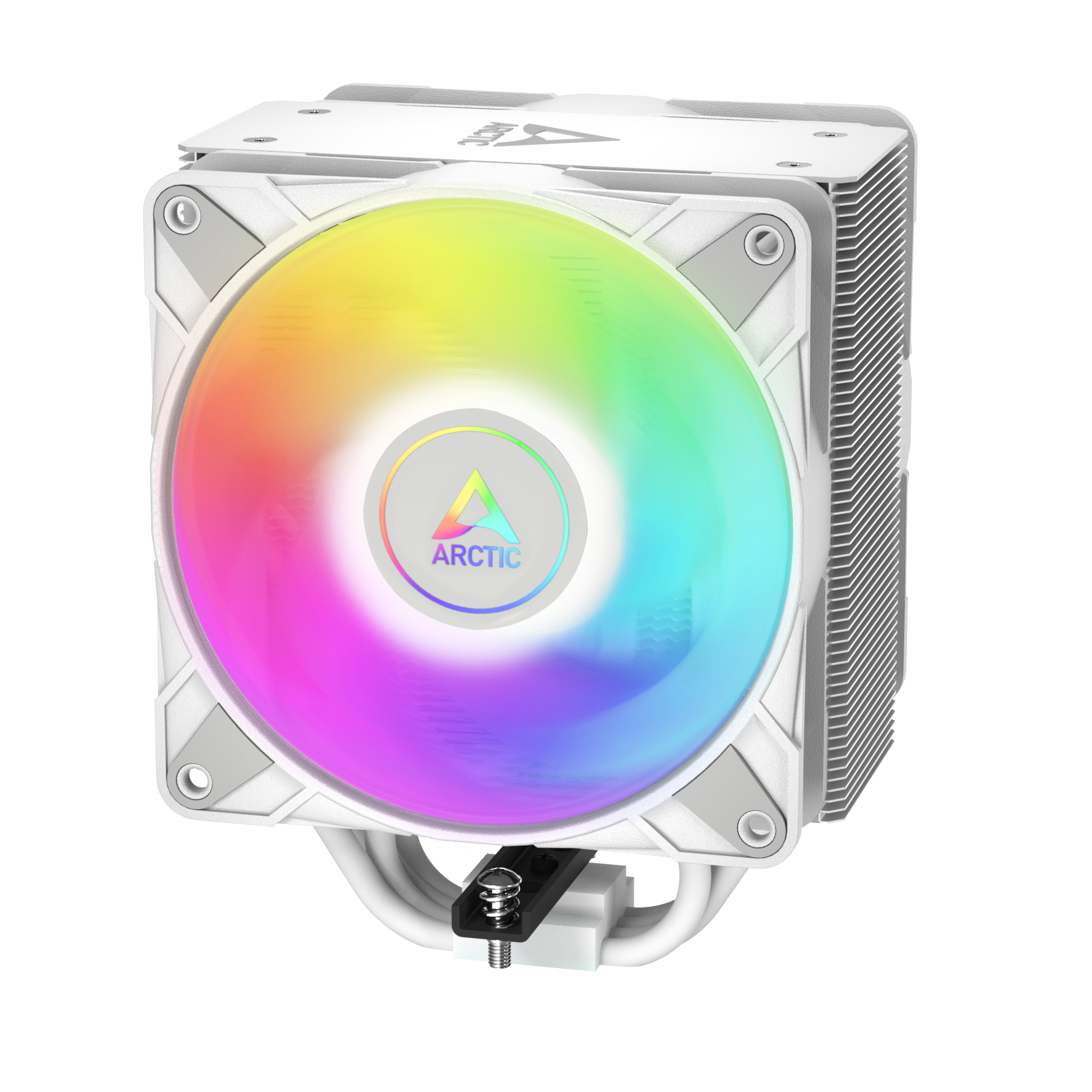 Een witte CPU-koeler met RGB-verlichting en aluminium vinnen. Het logo is een driehoek.