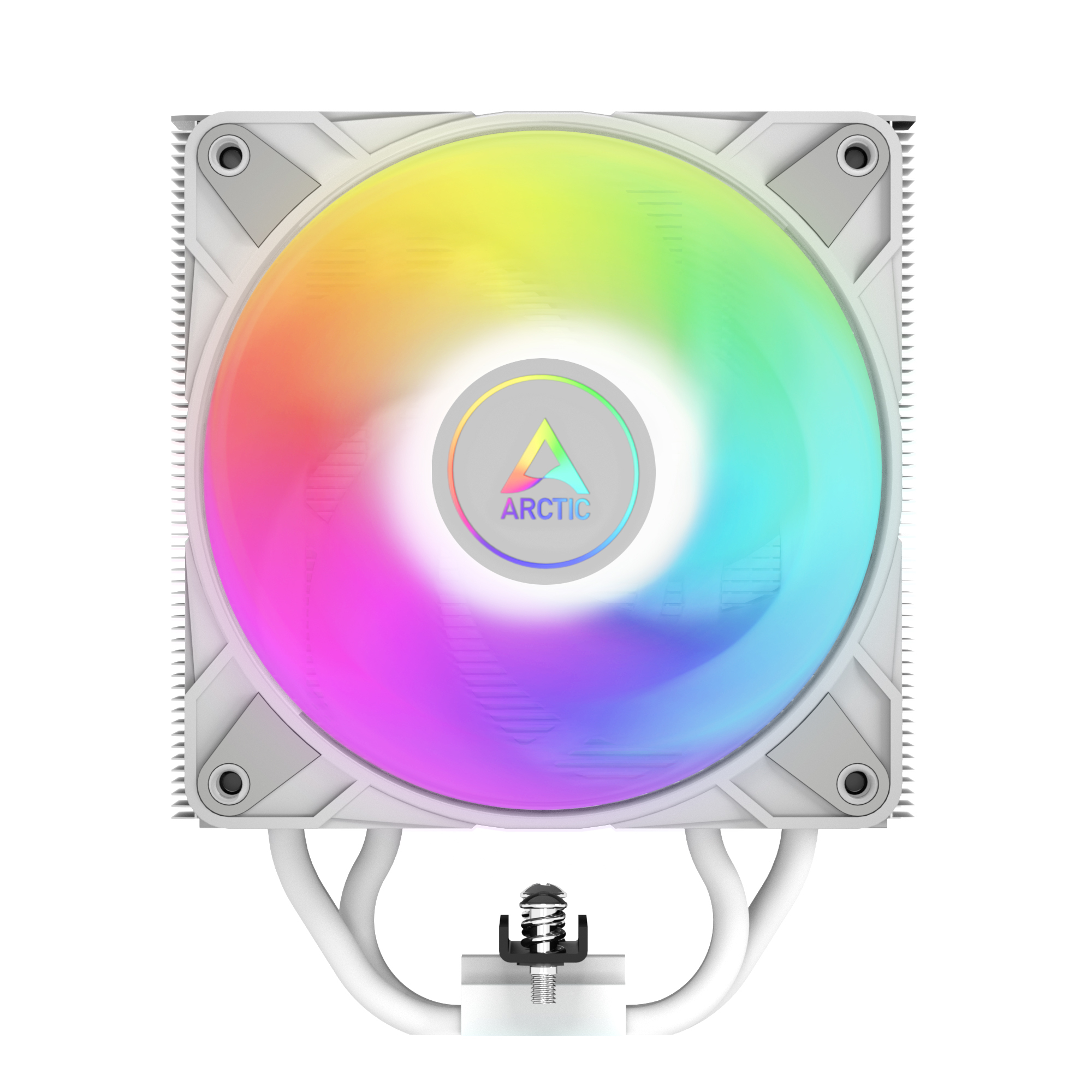 Een witte ventilator met RGB-verlichting en ARCTIC-logo op een grijze achtergrond.