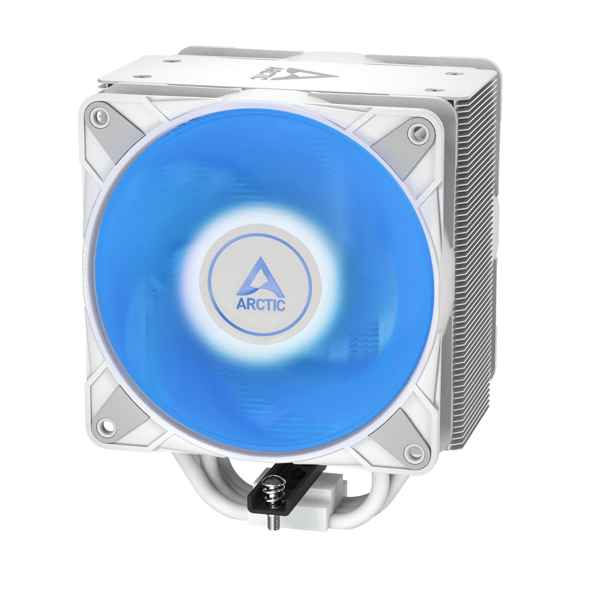 Een witte CPU-koeler met een blauwe ventilator en zilveren koelribben.