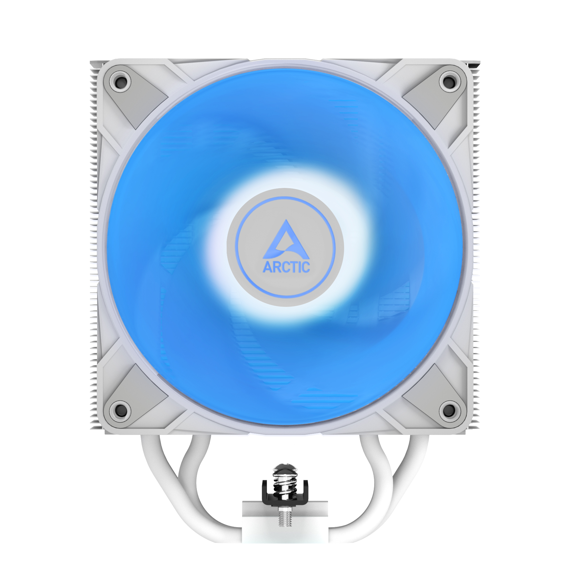 Een witte CPU-koeler met een blauwe ventilator en ARCTIC-logo.