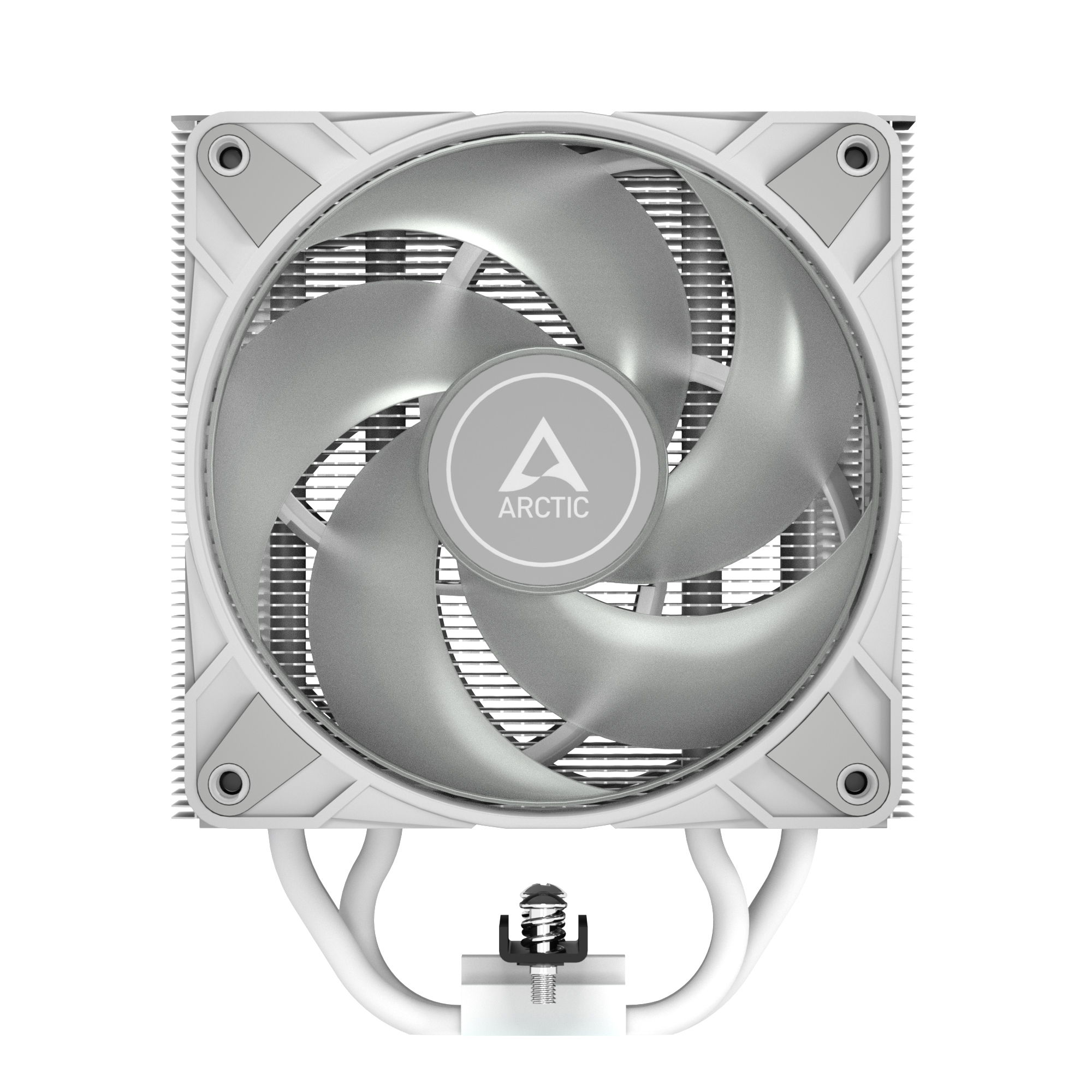 Een witte CPU-koeler met zilveren ventilatorbladen en het ARCTIC-logo.