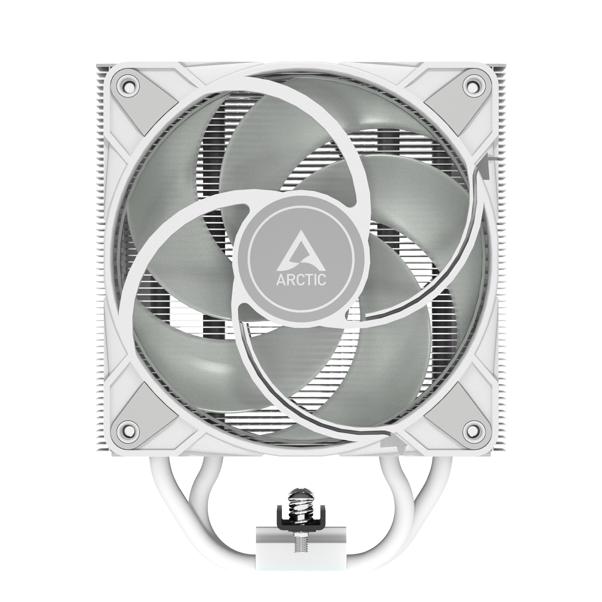 Witte CPU-koeler met ventilator, aluminium vinnen en twee koperen heatpipes.