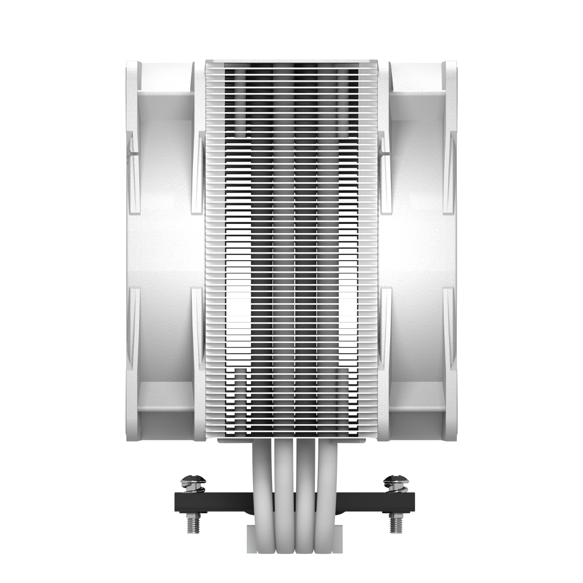 Een witte CPU-koeler met aluminium vinnen en vier witte kabels.