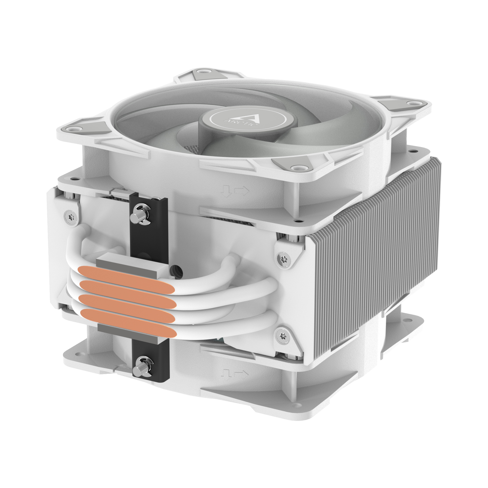 Een witte CPU-koeler met koperen heatpipes en een ventilator.