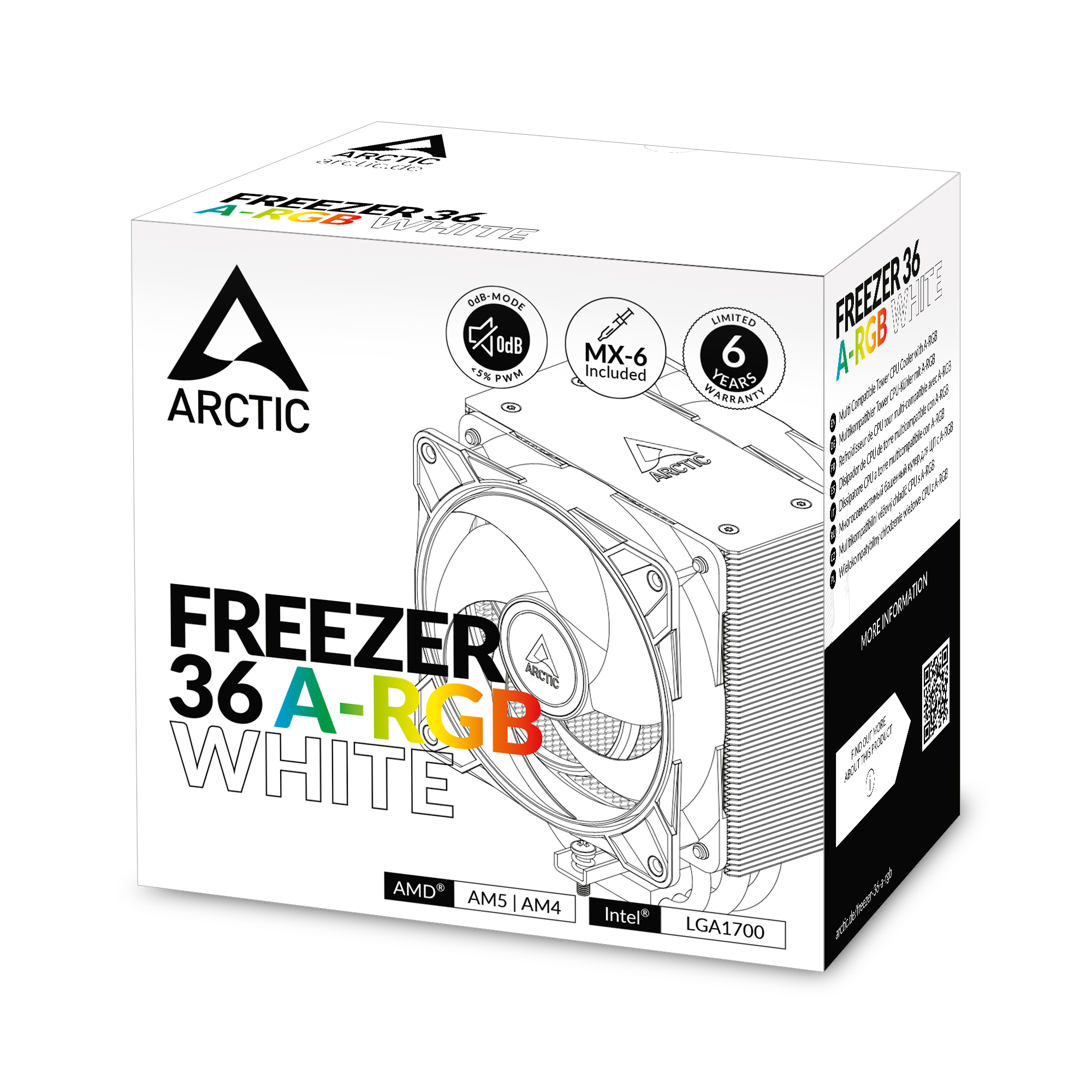Doos voor een ARCTIC Freezer 36 A-RGB White CPU-koeler met ventilator.