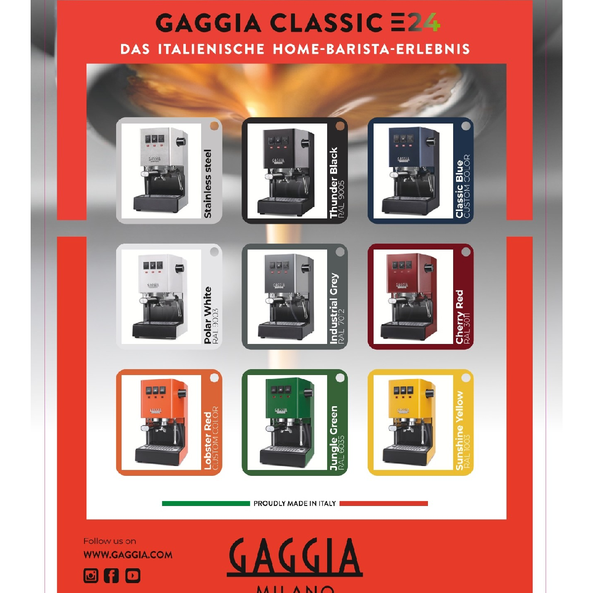 Gaggia Classic E24 Espressomaschinen in neun Farben.