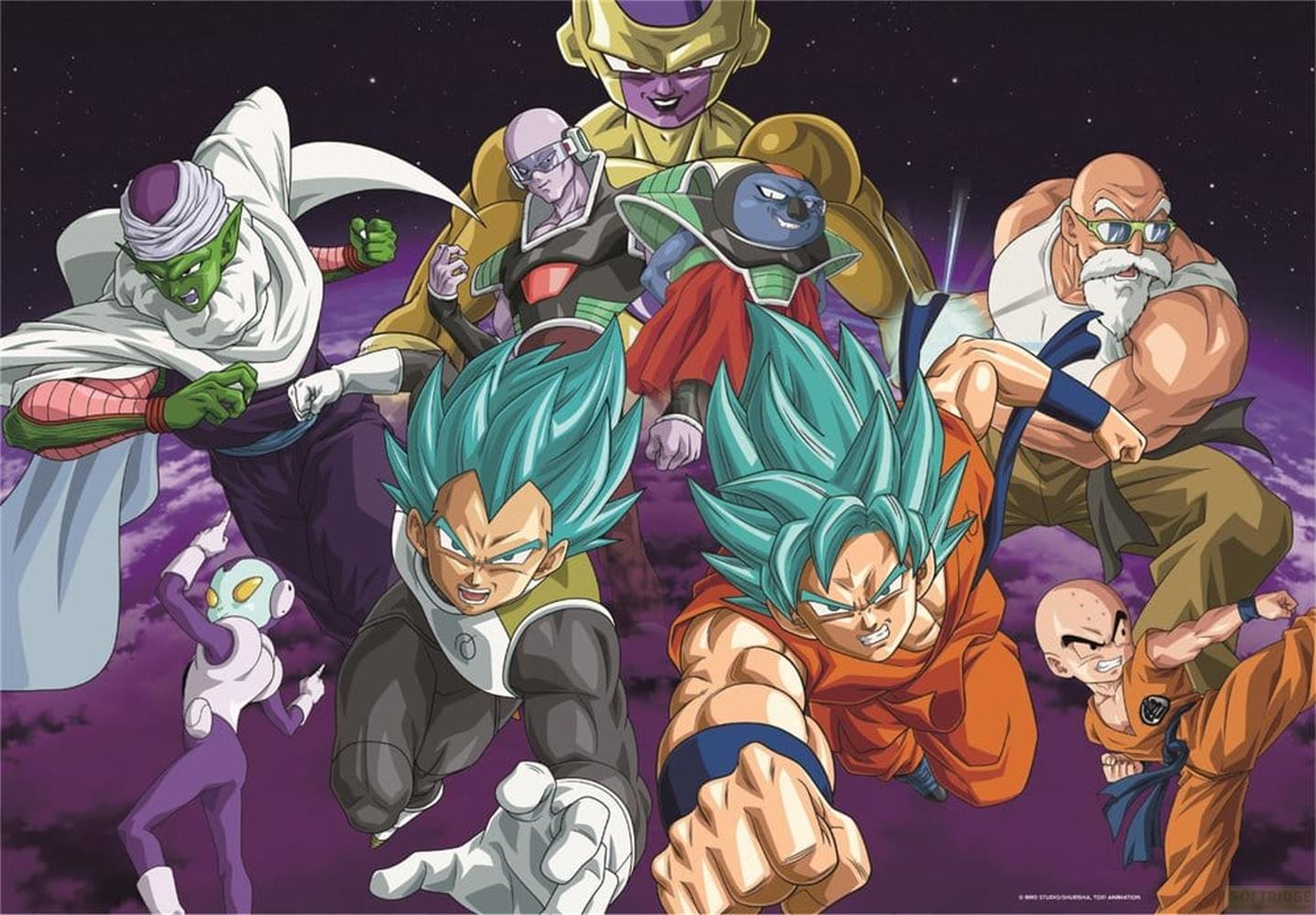 Dragon Ball characters in space with purple clouds and stars.