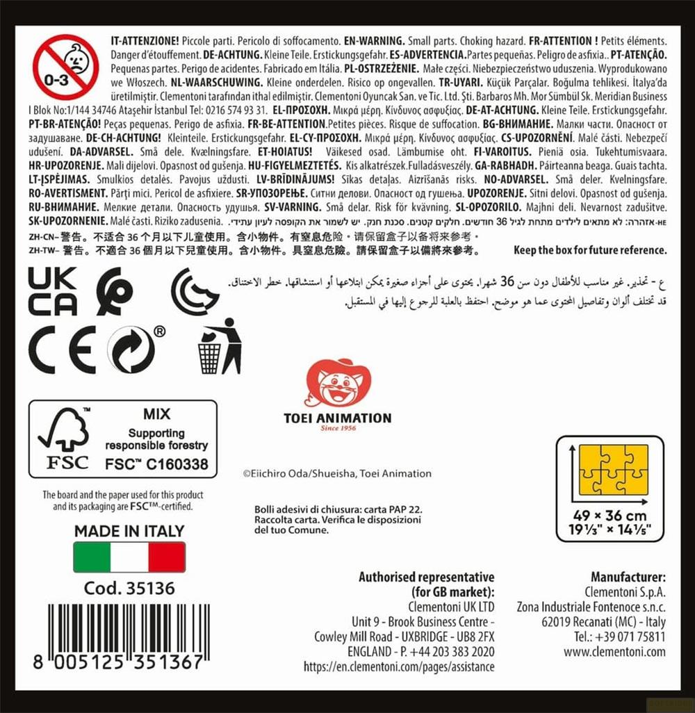 Opakowanie z ostrzeżeniami, znakiem CE, logo FSC i informacjami o produkcie.