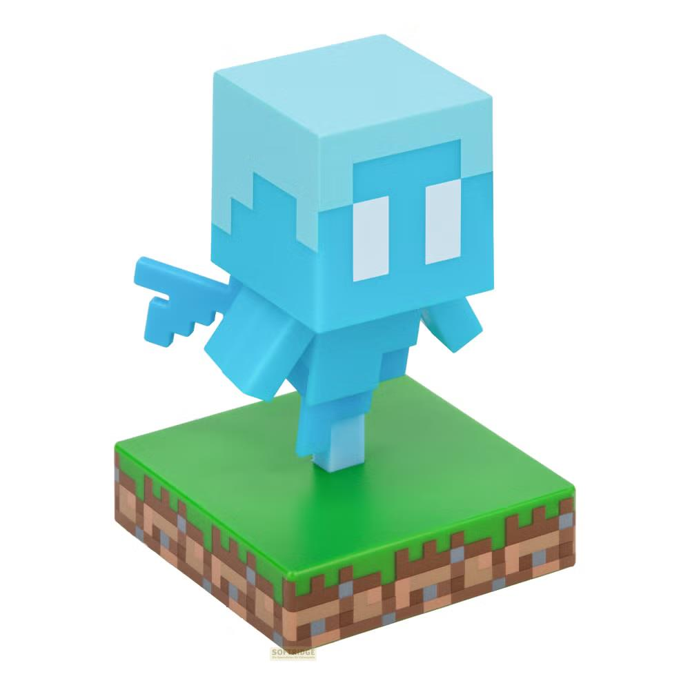 Jasnoniebieska figurka Minecraft ze skrzydłami stoi na zielonej, trawiastej podstawie z brzegami ziemi.
