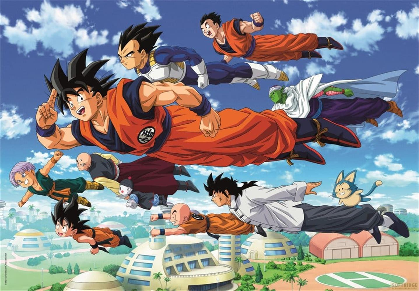 Dragon Ball Charaktere fliegen über eine Stadt mit runden Gebäuden.