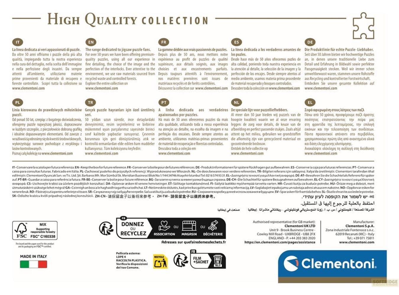Hochwertige Puzzles von Clementoni, Made in Italy, mit Fokus auf Detail und Umwelt.
