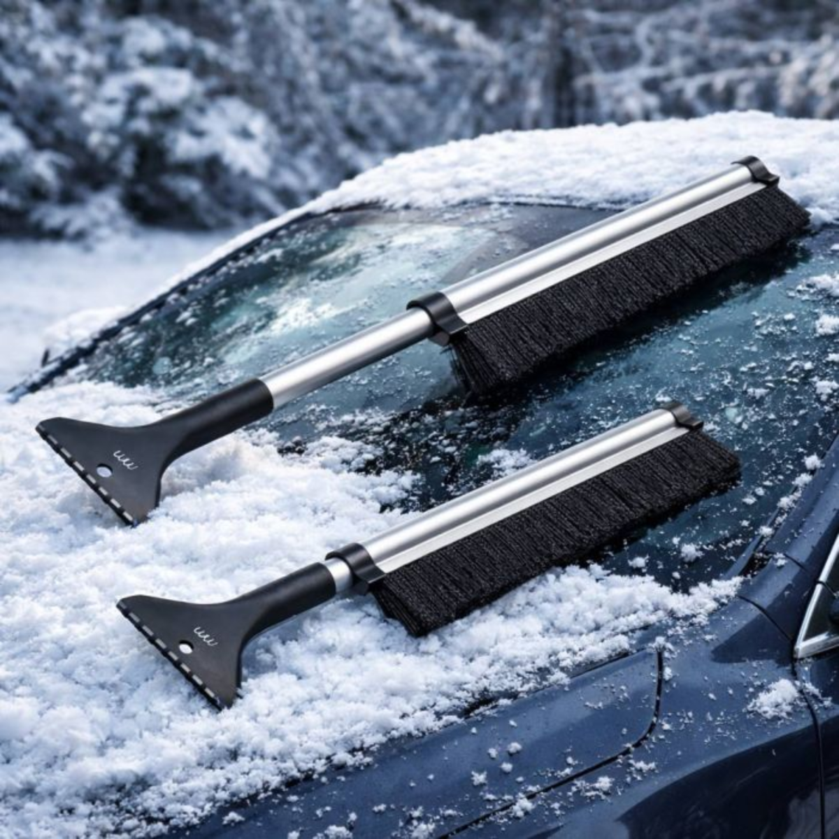 Twee sneeuwborstels met ijsschrapers liggen op een besneeuwde autokap.