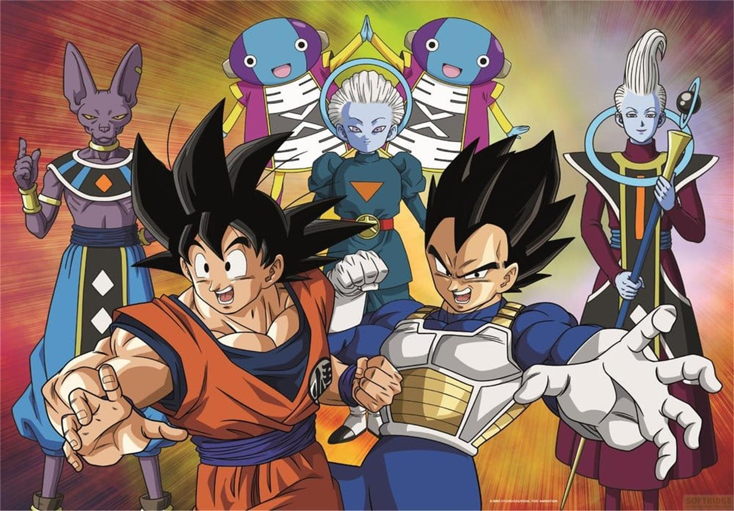 Goku i Vegeta z przodu, za nimi Beerus, Whis i Zeno.