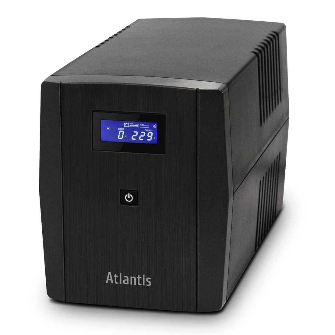 Gruppo di continuità Atlantis nero con schermo LCD blu e simbolo di accensione.