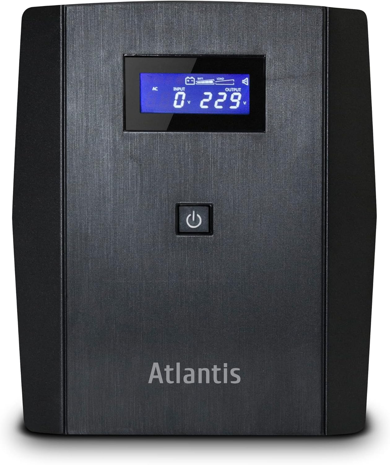 Dispositivo UPS Atlantis nero con display digitale e pulsante di accensione.