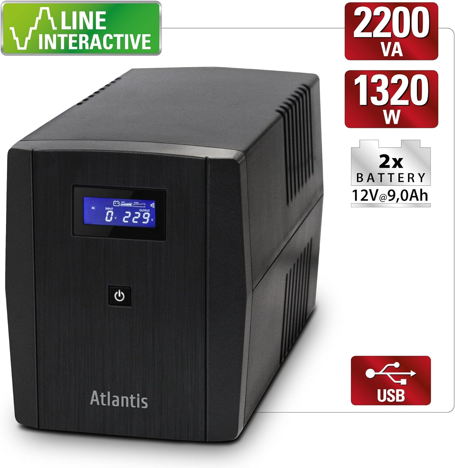 UPS Atlantis nero con display digitale, 2200 VA/1320W, 2 batterie 12V 9Ah.
