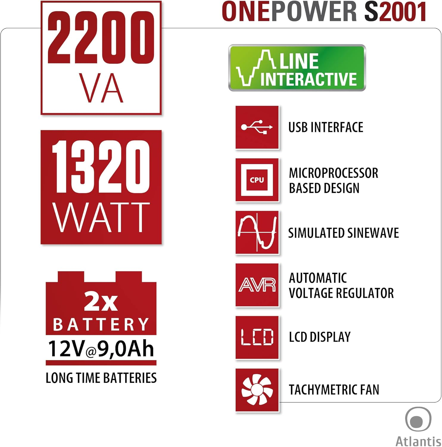 Specifiche: 2200 VA, 1320 Watt, 2x batterie 12V 9Ah.