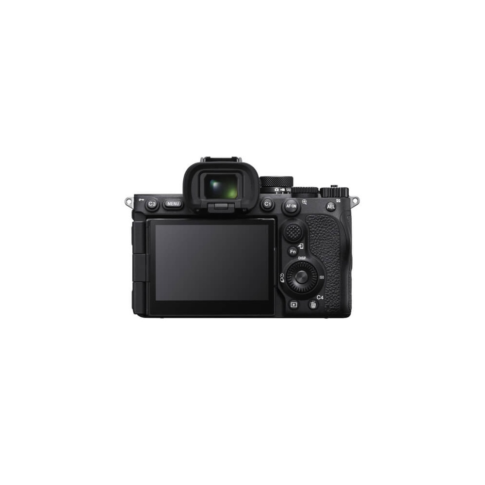 Vista posteriore di fotocamera digitale nera con schermo LCD e controlli.