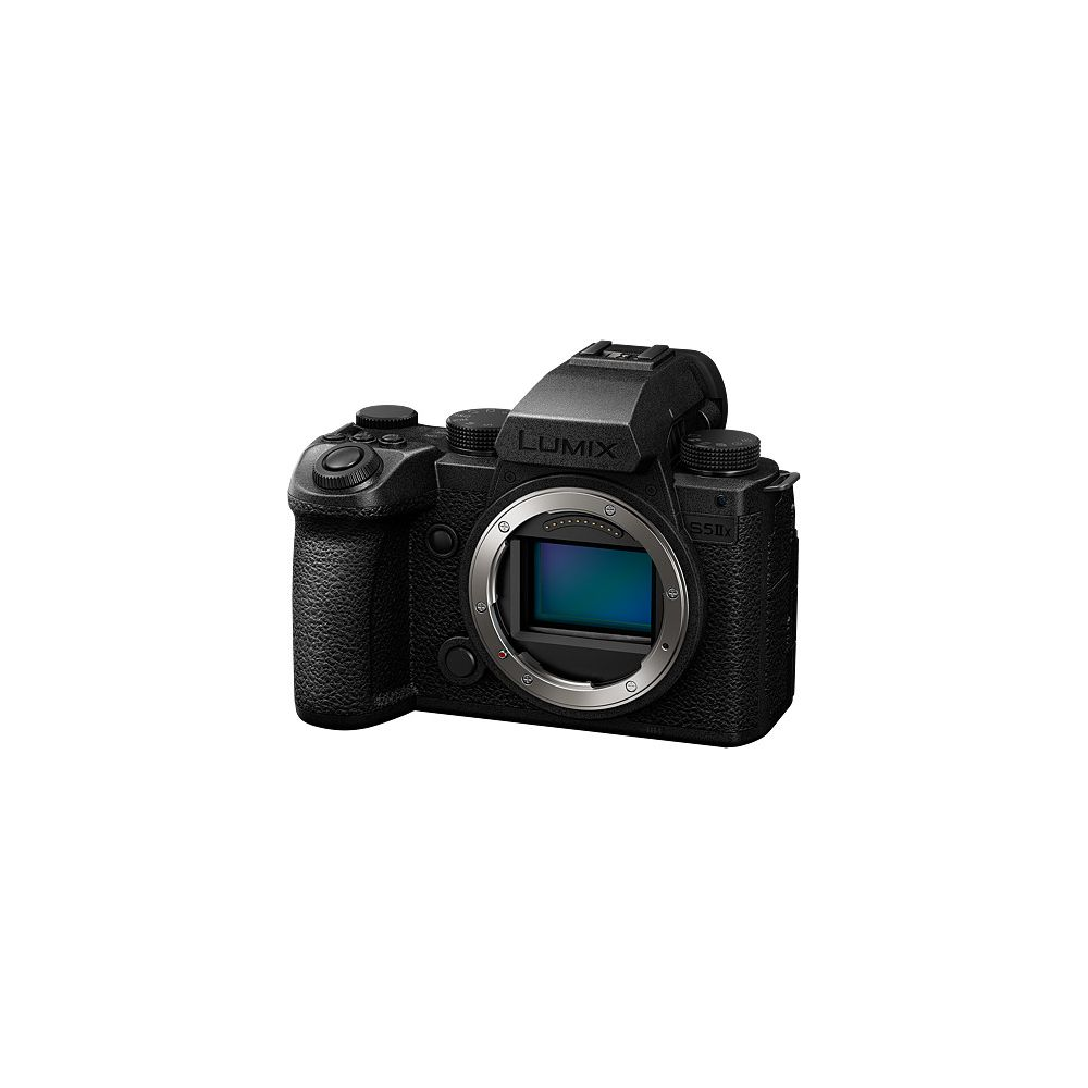Schwarze Panasonic Lumix S5II Kamera mit silbernem Objektivanschluss und Bedienelementen.