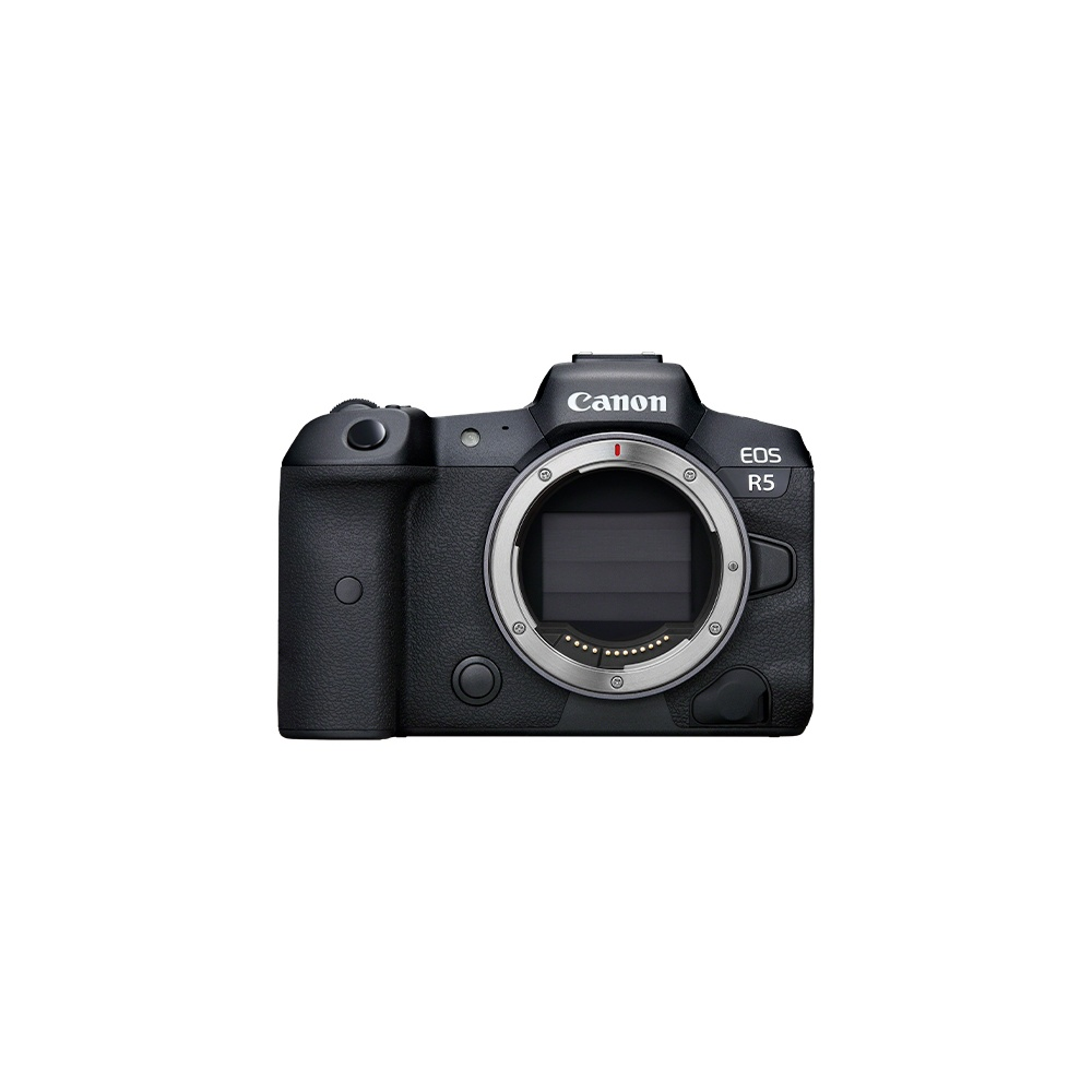 Una fotocamera Canon EOS R5 nera con attacco obiettivo e controlli.