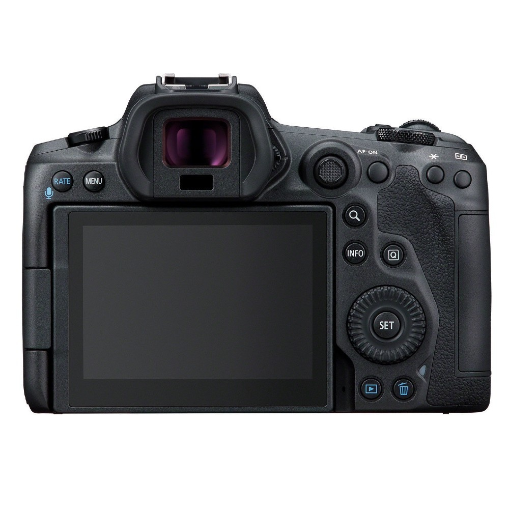 Vista posteriore di una fotocamera digitale nera con schermo LCD e pulsanti.