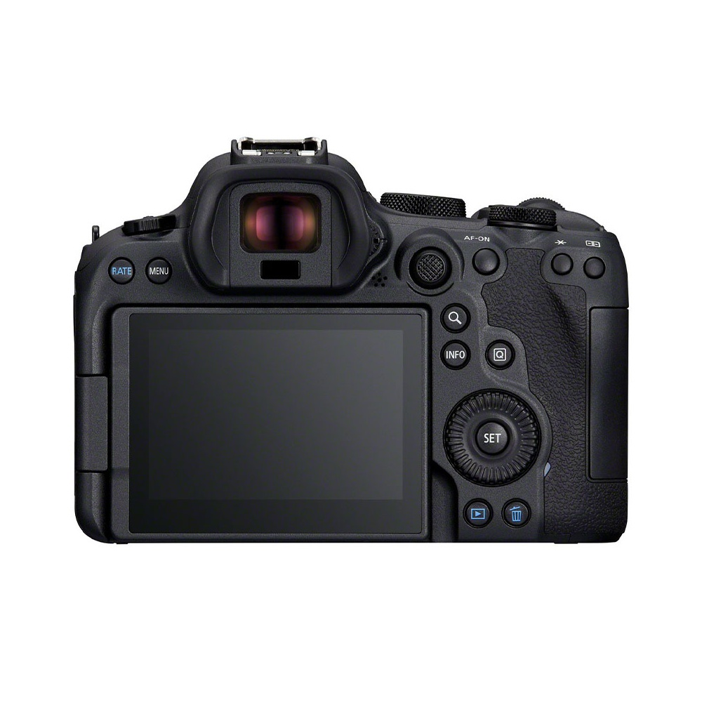 Vista posteriore di una fotocamera reflex Canon nera con ampio schermo LCD.