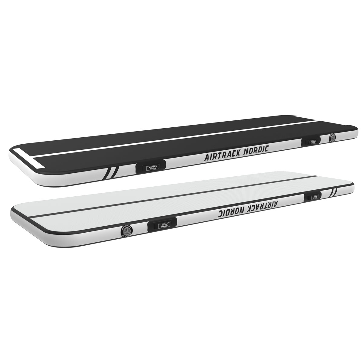 Dwie maty gimnastyczne AIRTRACK NORDIC, jedna czarna i jedna biała, leżą obok siebie.