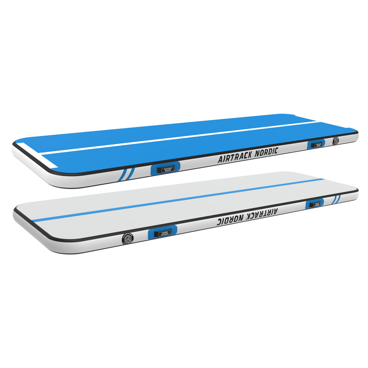 Dwie dmuchane maty gimnastyczne, jedna niebieska, druga biała, obok siebie.