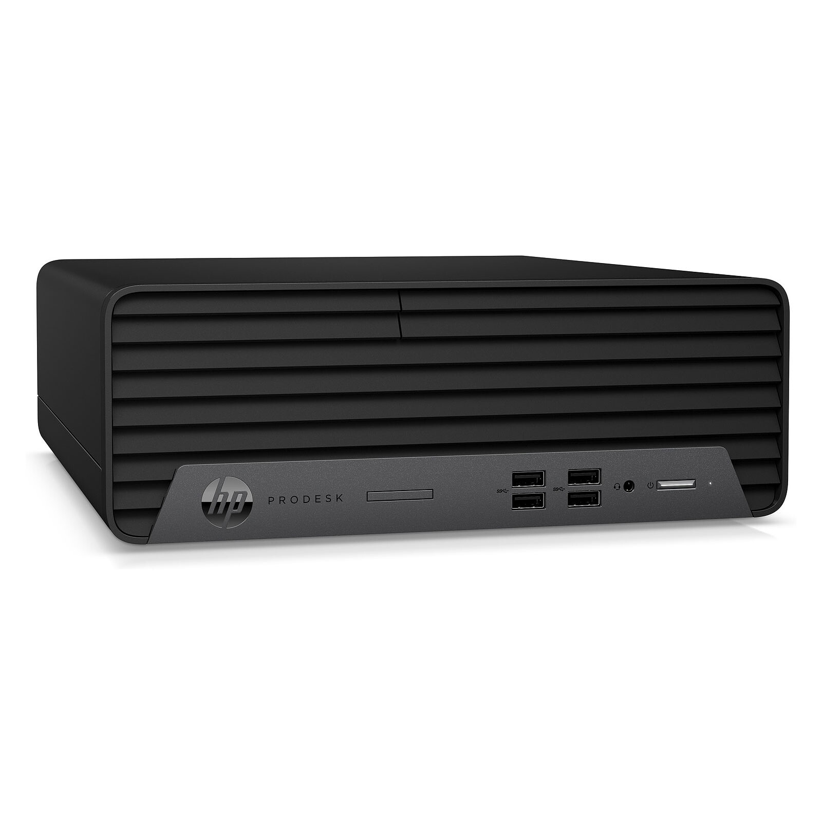 Ordenador de sobremesa HP ProDesk negro con ranuras de ventilación y puertos.