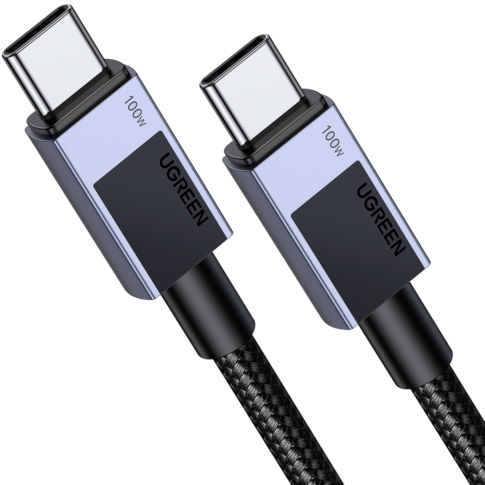 Dwa kable ładujące UGREEN USB-C ze srebrnymi złączami i czarnym plecionym kablem.