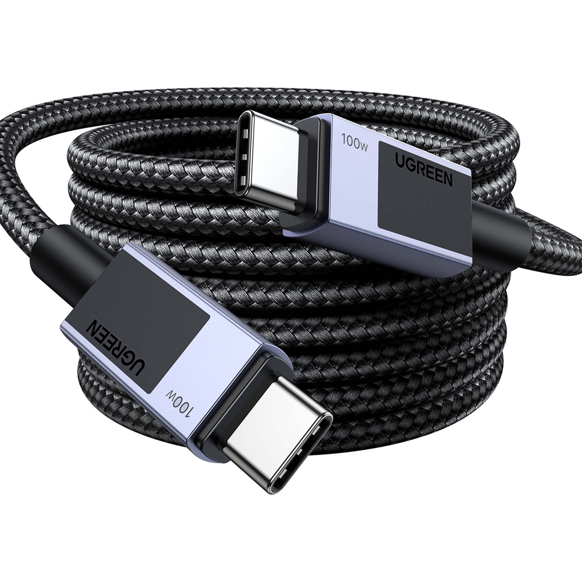 Czarny, pleciony kabel USB-C 100W zwinięty, z logo UGREEN i złączami USB-C.