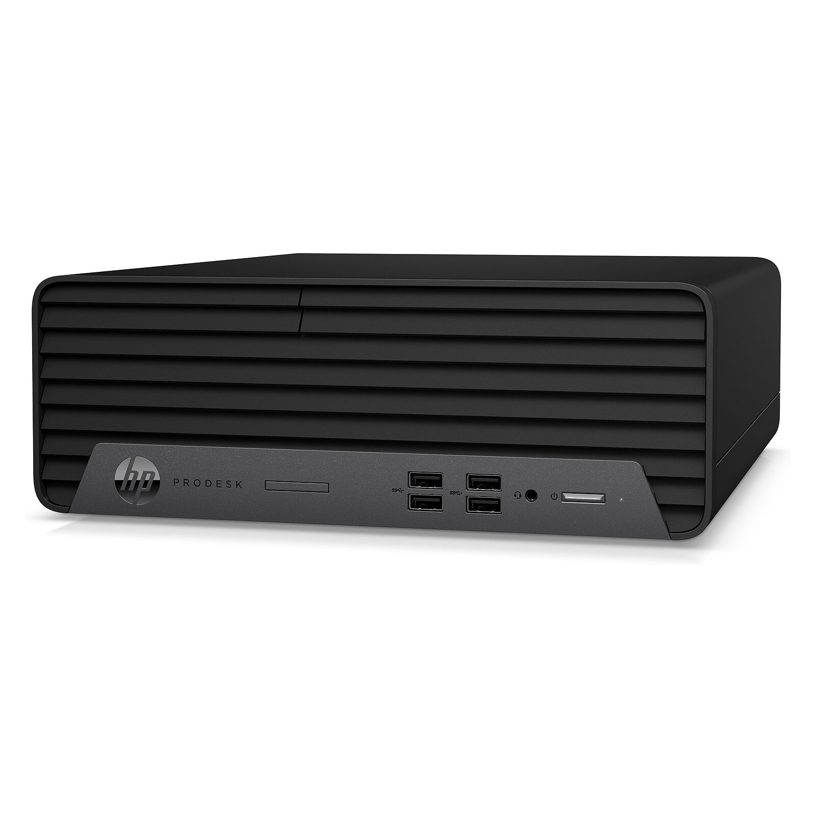 Ordenador de sobremesa HP ProDesk negro con ranuras de ventilación y puertos frontales.