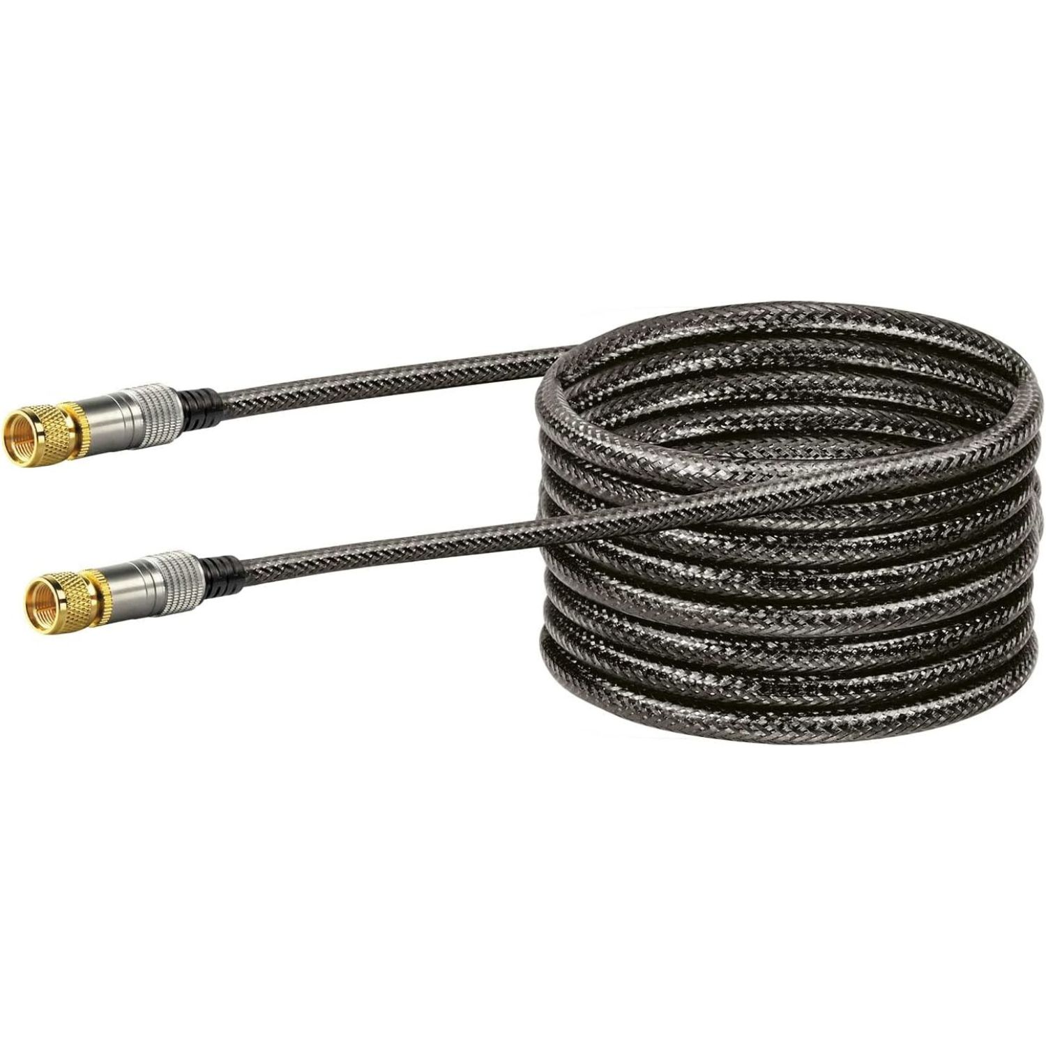 Ein koaxiales Kabel mit vergoldeten Anschlüssen, aufgerollt.