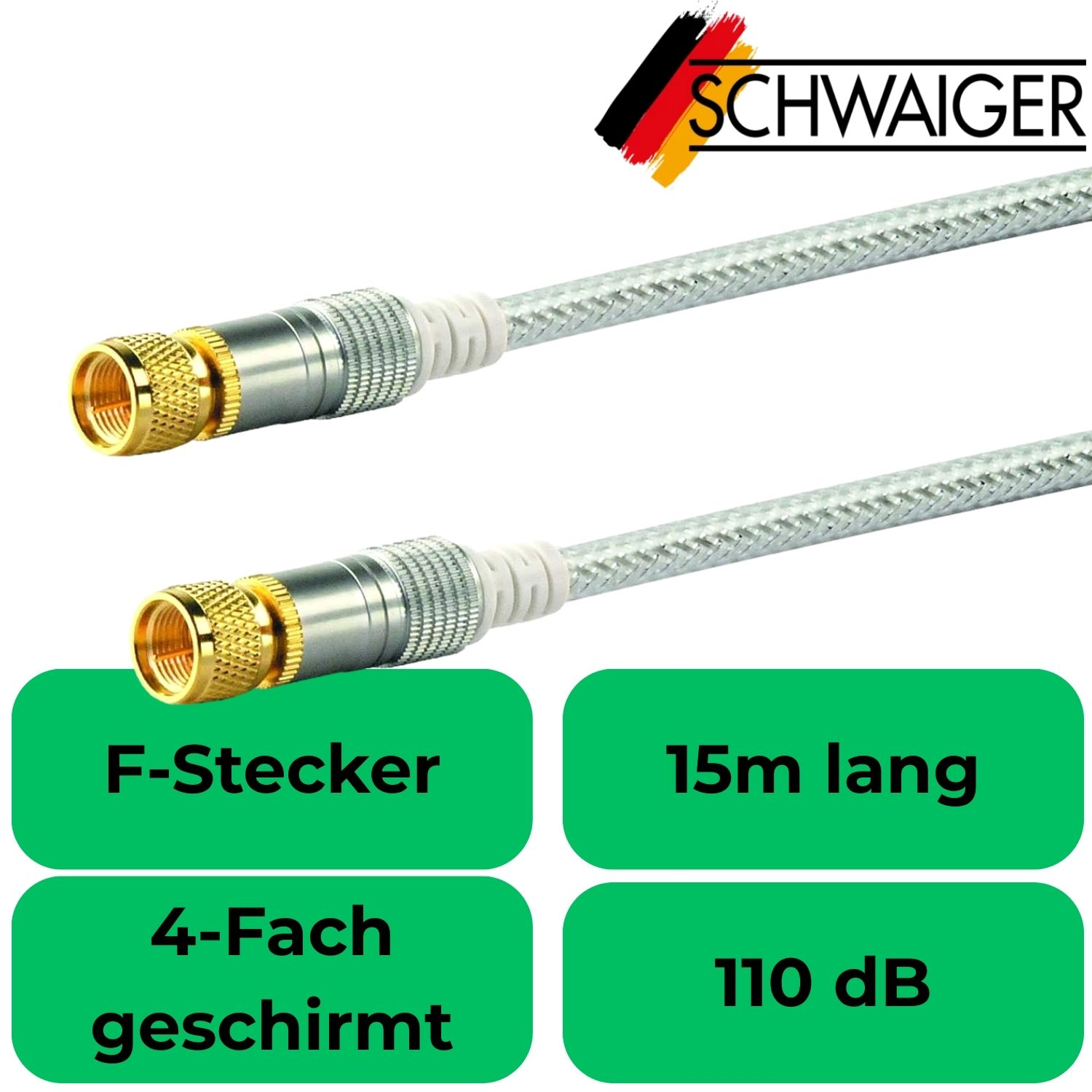 Zwei Koaxialkabel mit F-Stecker, 15m lang, 4-fach geschirmt, 110 dB.