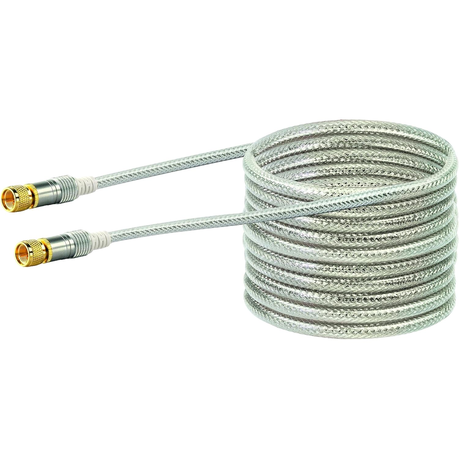 Ein silbernes Koaxialkabel mit goldenen Anschlüssen ist aufgerollt.