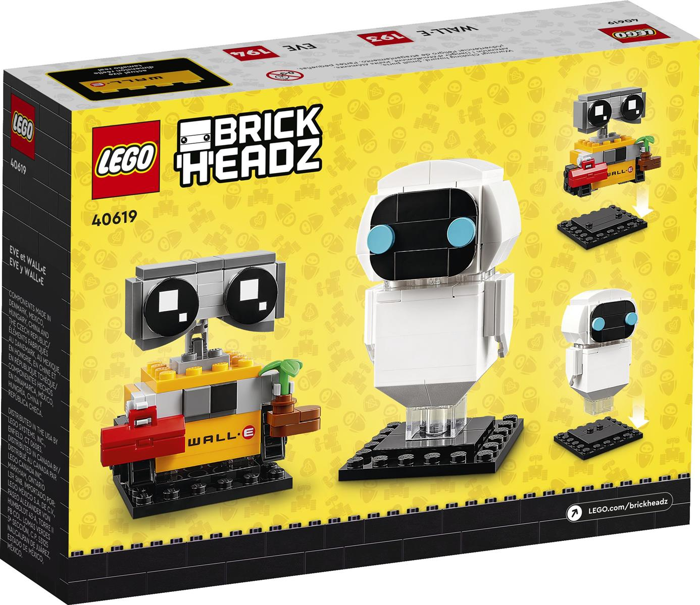 LEGO BrickHeadz Zestaw 40619 z figurkami WALL-E i EVE. Żółty WALL-E z rośliną, biała EVE.