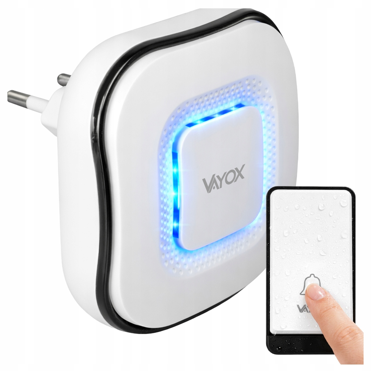 Biały nadajnik dzwonka do drzwi z niebieskimi światłami i palcem naciskającym przycisk dzwonka.