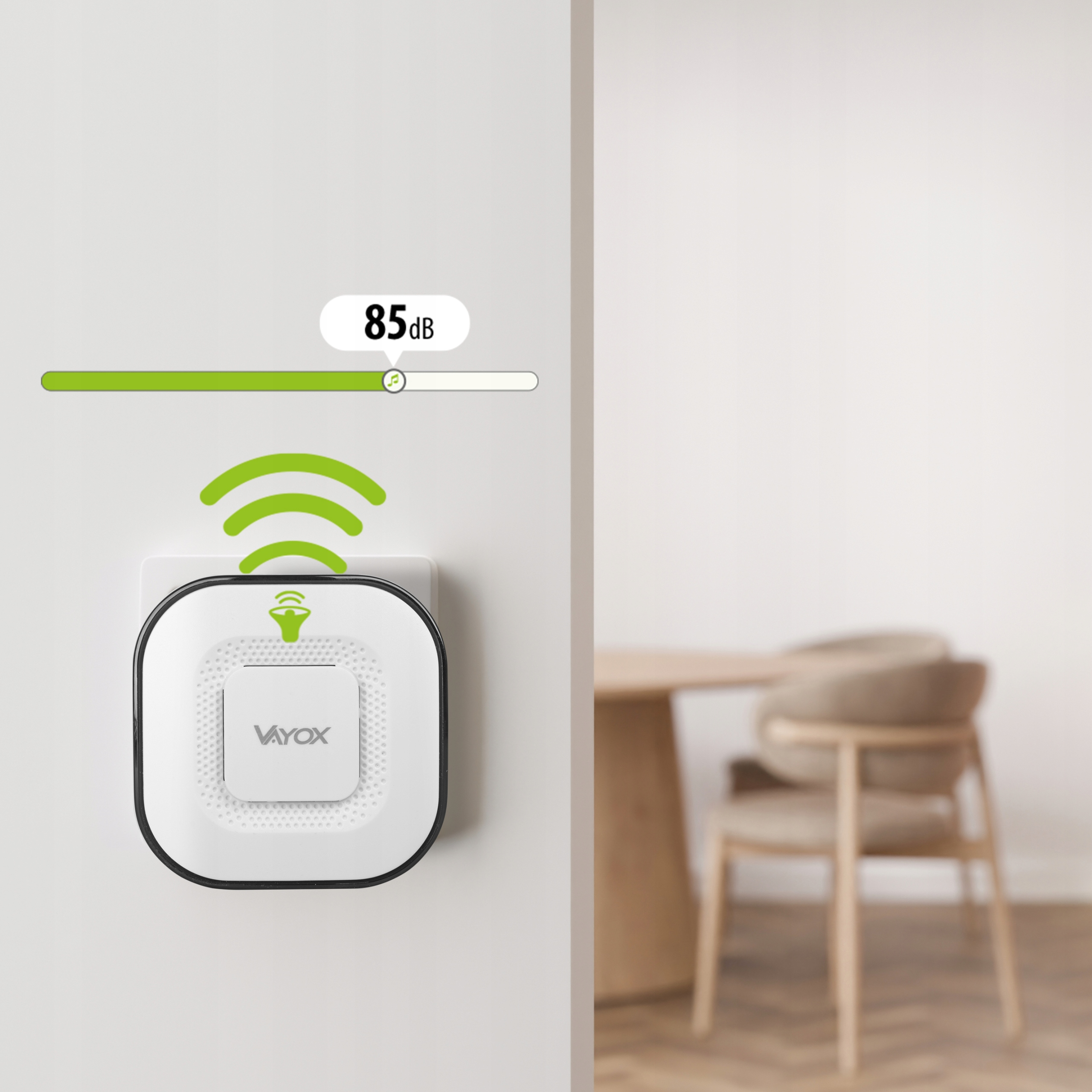 Białe urządzenie Vayox z ikoną głośnika i sygnałem Wi-Fi.