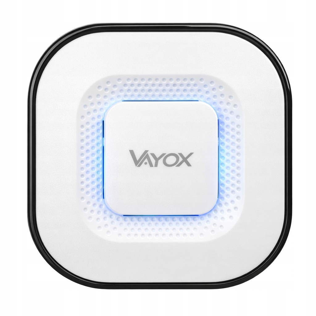 Białe, kwadratowe urządzenie z niebieskim światłem i logo Vayox.