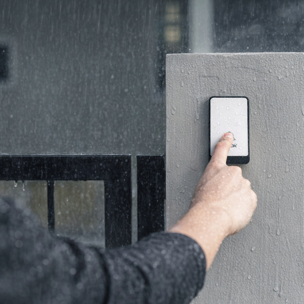 Palec naciska przycisk dzwonka w deszczu. Szary kamień, czarna brama.